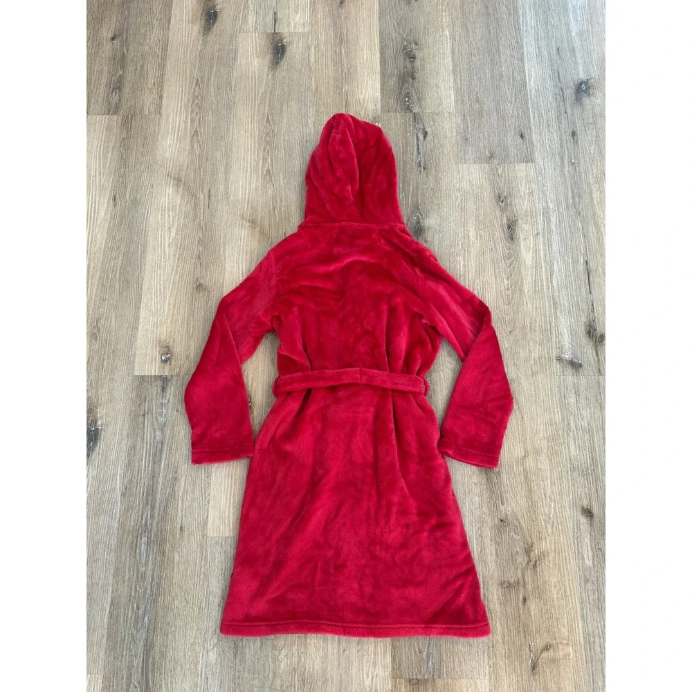 Lands End Minimalist Preppy Hooded Fleece Robe Kids 12 Red Plush Belted Wrap